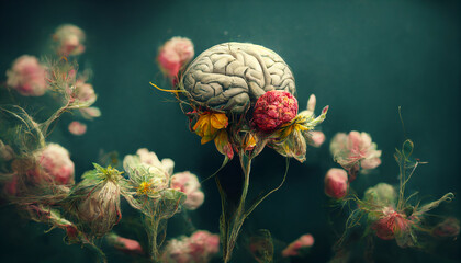 Mental health retro background. Brain made of flowers color digital illustration - obrazy, fototapety, plakaty