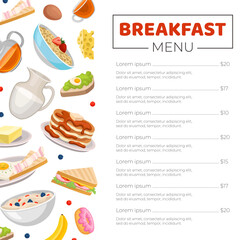 Breakfast menu template. Restaurant or cafe menu layout brochure decorated with tasty breakfast dishes cartoon vector