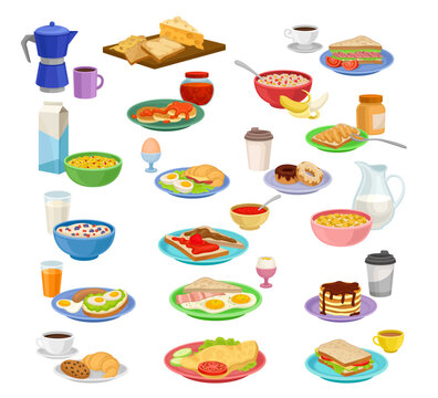 Breakfast dishes set. Sandwich, fried eggs, bacon, pancakes, coffee and tea cups cartoon vector