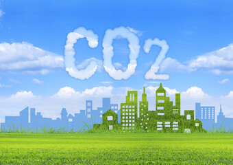 CO2, décarbonisation, concept ville écologique sous le ciel bleu.