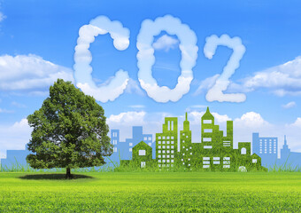 CO2, décarbonisation, concept ville écologique sous le ciel bleu. - obrazy, fototapety, plakaty