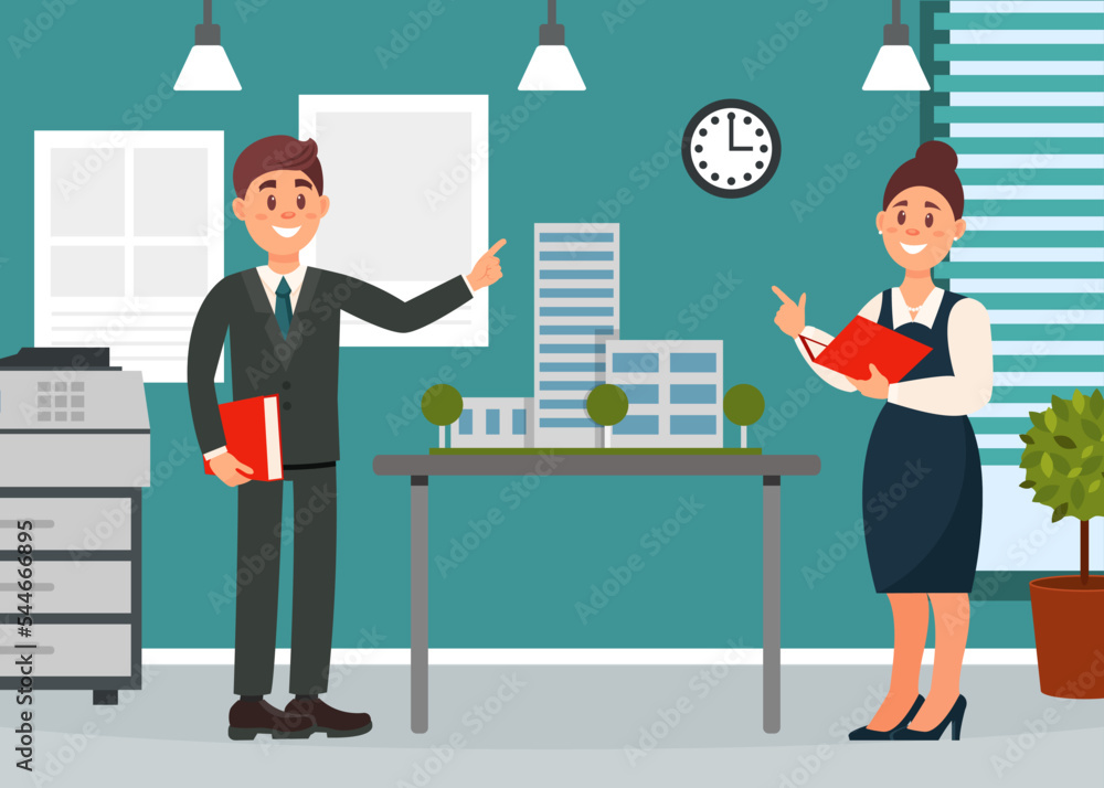 Poster young man architect and engineer worker in suit showing project blueprint vector illustration