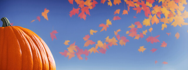 Obraz na płótnie Canvas Autumn thanksgiving pumpkin landscape with orange leaves on blue sky at fall end season background 3D 8K