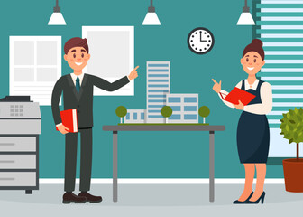 Young Man Architect and Engineer Worker in Suit Showing Project Blueprint Vector Illustration