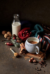 Obraz na płótnie Canvas Hot milk with Christmas spices, warm shawl and Christmas decorations on rustic background. Copy space