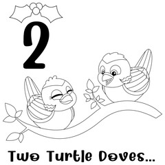 Outlined The 12 Days Of Christmas - 2-Nd Day - Two Turtle Doves. Vector Hand Drawn Illustration Isolated On White Background With Text