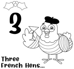 Outlined The 12 Days Of Christmas - 3-Rd Day - Three French Hens. Vector Hand Drawn Illustration Isolated On White Background With Text