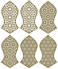 A set of six design elements.Three geometric ornaments in Arabic style