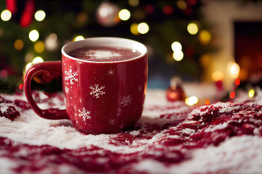 Cup Of Hot Cocoa, Christmas Tree Lit Up, Snowflakes, Red Mug, Decorations, Blanket, AI Generated