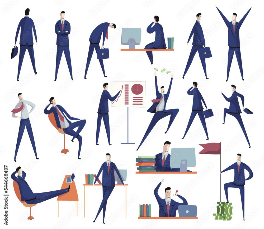 Poster business man character in formal suit busy with different daily routine big vector set