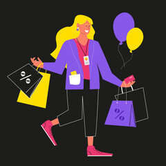 Black Friday Super Sale. Big sale promotion discount. Lady with colorful shopping bags near the store on the shopping. Big Discount. Promo Concept. Black background.