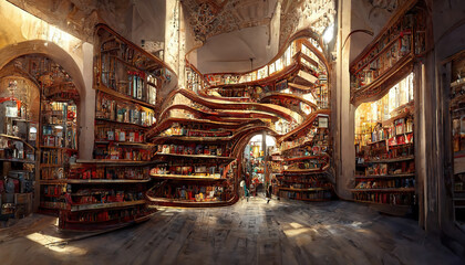 AI generated image of an ornate library in Europe with a wooden winding staircase 