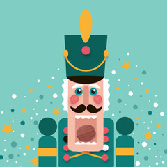 Nutcracker with open mouth and nut. Doll guard in paper cut style. Cute soldier toy. December Ballet party. Creative Merry Xmas invitation. Happy New Year. Winter holidays on green.