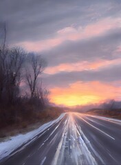 winter day highway road at sunset, travel and transportation concept, cloudy sky and sun on horizon, beautiful winter landscape, digital illustration
