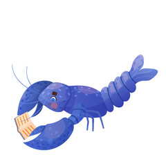 Cute crab yabby reading book. Animals read. Educational illustration for children. Cartoon cute animal.