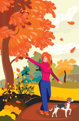 Girl with beagle in the autumn park