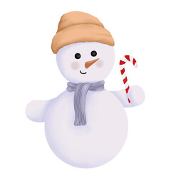 Watercolor snowman with candy cane. Watercolor winter illustration. holiday cute animals. Christmas celebration cards. Winter new year design.