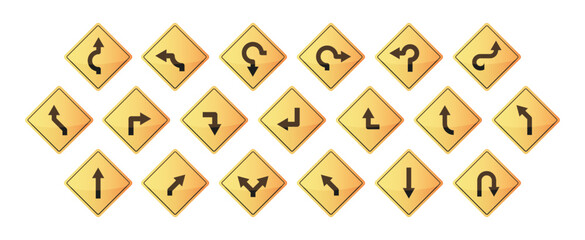 Arrow road sign. Navigation street highway speed warning roundabout reverse symbols, curves turns direction pointers. Vector isolated collection of signpost intersection, winding roadside illustration © Frogella.stock