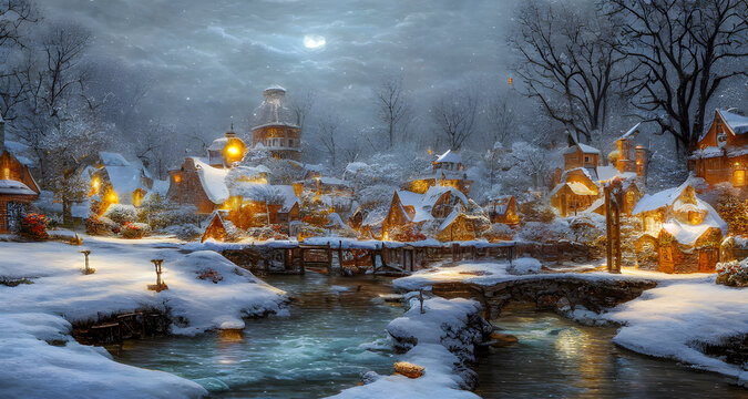 Beautiful Old Christmas Village snow rivers and ponds Illustration background. Digital matte painting