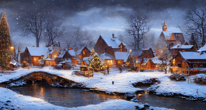 Beautiful Old Christmas Village snow rivers flowing under stone bridge Illustration background. Digital matte painting