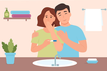 Surprised Woman Holding Pregnancy Test.Positive result. Happy young  couple expecting a baby.Vector illustration