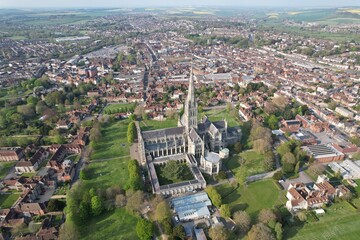Salisbury medieval cathedral city England drone aerial view. - obrazy, fototapety, plakaty