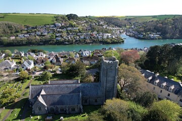 Holy Cross Church Newton Ferrers village in south Devon  England ,drone aerial view..