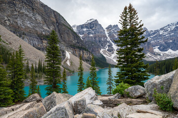 View of Moraine Lake from the Rockpile trail in Banff National Park Canada, in the Canadian Rockies
