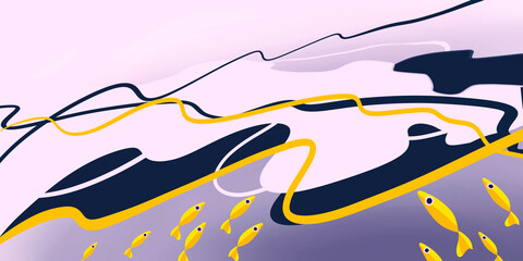 Interior abstract painting, background of goldfish in the ocean