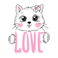 Lovely cat girl with pink Inscription Love. Can be used for T shirt print, stickers, greeting card design. Vector illustration