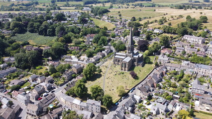 Church in Bakewell town Derbyshire peak district UK drone aerial view .