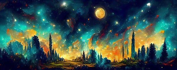 Obraz na płótnie Canvas Background illustration inspired by the painting of Vincent Van Gogh - Moonlit Night. Abstract futuristic landscape. Glowing moon and starry sky with planets abstract background. Backdrop.