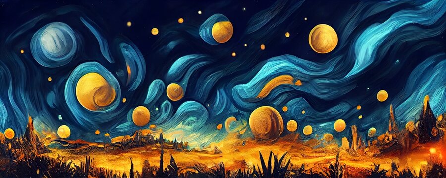 Background illustration inspired by the painting of Vincent Van Gogh - Moonlit Night. Abstract futuristic landscape. Glowing moon and starry sky with planets abstract background. Backdrop.