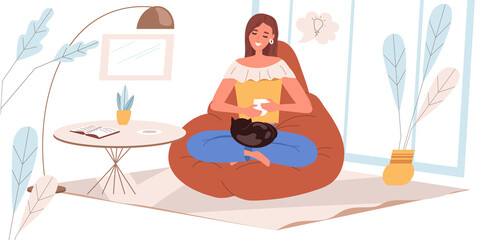 Dreaming people concept in flat design. Happy woman are sitting, dreaming, drinking coffee at home. Young girl sits at cozy room, imagines and comes up with ideas, people scene.