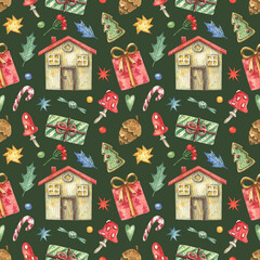 Christmas seamless pattern with New Year's decor, gifts, gingerbread, caramel, fly agaric, stars, cones. watercolor background
