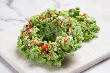 Corn flake crispy Christmas wreath bars decorated for a Christmas