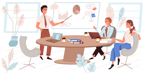 Leadership concept in flat design. Successful team of employees at business meeting, colleagues making presentation and brainstorming. Partnership and collaboration people scene.