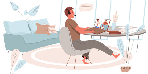 Obraz premium Online education concept in flat design. Man studying remotely from home office. Teacher conducts training on video conference. Webinars, online courses, e-learning people scene.