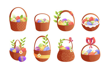 Easter eggs baskets. Cartoon childish tray with straw ribbons for holiday egghunting decoration, colorful religious symbols for greeting card. Vector set of easter basket to holiday illustration