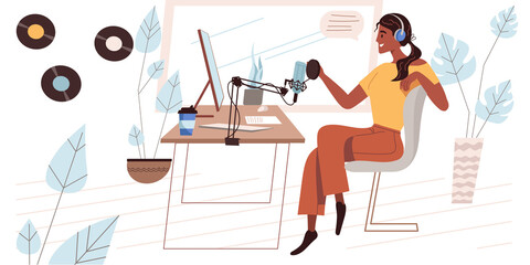 Recording audio podcast concept in flat design. Woman in headset talking to microphone, work at computer, broadcasting lecture or speech in studio. Podcast hosts people scene.