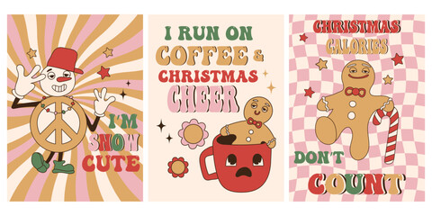Set of groovy hippie Christmas cards with funny sayings phrases short. Snowman, gingerbread, candy cane