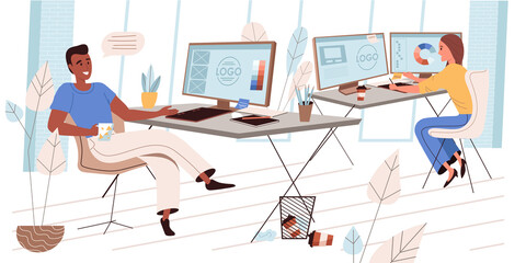 Design company concept in flat design. Colleagues designers create logos for business branding, drawing with graphic tablets, discuss tasks in office. Creative agency people scene.
