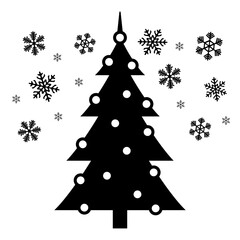 Christmas tree icon. Evergreen pine, fir or spruce tree decorated with Christmas toys. Vector Illustration