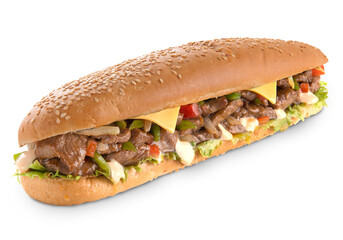 Beef Fajita sandwich with pepper, lettuce and cheese.