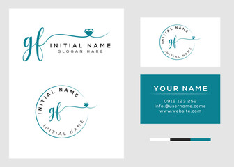 Signature initial gf handwritten heart shape logo with business card template
