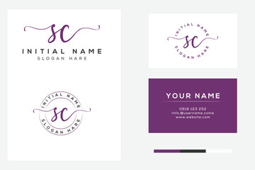 simple elegant initial sc handwriting logo with business card template.