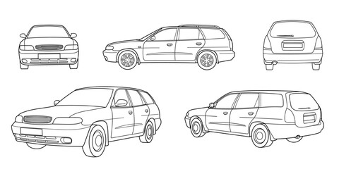 Set of classic station wagon. Different five view shot - front, rear, side and 3d. Outline doodle vector illustration