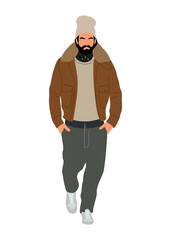 Fototapeta na wymiar Modern man wearing casual clothes. Stylish young man in autumn or winter look - jacket and hat. Bearded guy in street fashion outfit. Cartoon realistic illustration on transparent background. PNG.