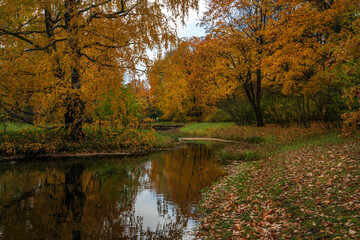 Autumn landscape near the Upper Ponds in the Catherine Park of Tsarskoye Selo on a sunny autumn day, Pushkin, St. Petersburg, Russia