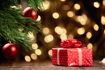 red Christmas box on a festive background.